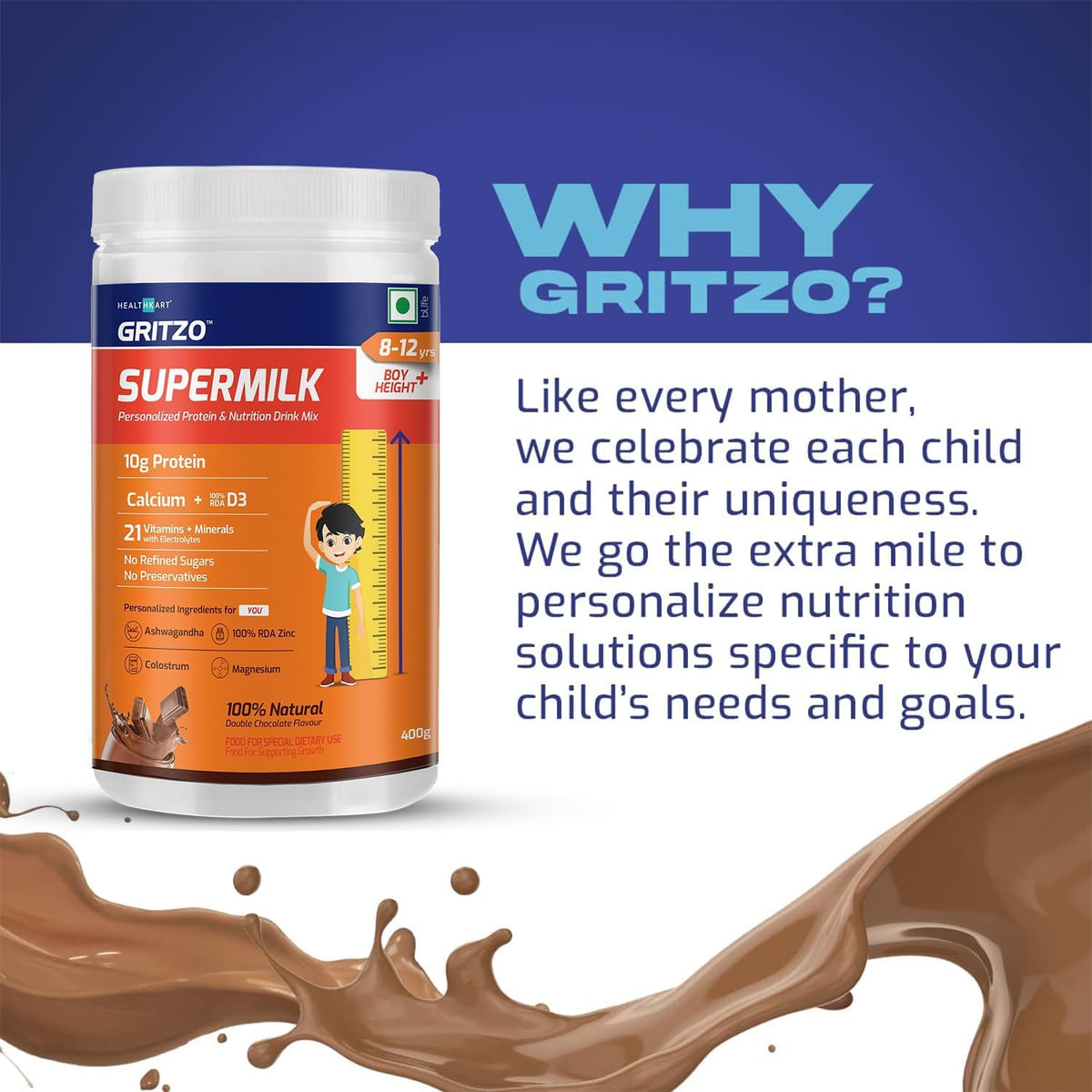 ATS Supermilk Height+ for 8-12 Year Old Boys – High Protein with Calcium & D3, 21 Vitamins & Minerals, Zero Refined Sugar, Natural Double Chocolate, 400g Powder - görsel 5