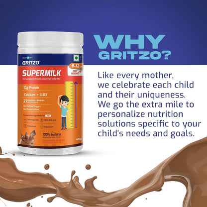 ATS Supermilk Height+ for 8-12 Year Old Boys – High Protein with Calcium & D3, 21 Vitamins & Minerals, Zero Refined Sugar, Natural Double Chocolate, 400g Powder