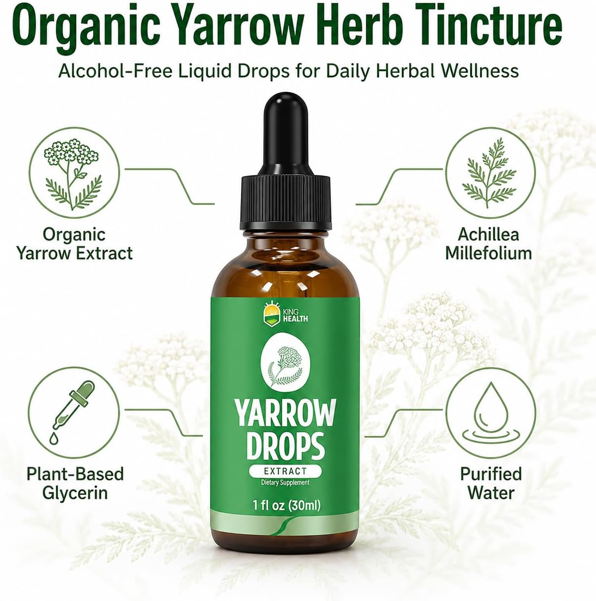 KingHealth Organic Yarrow Herb Tincture – Alcohol-Free Achillea Millefolium Extract for Women – 30 ml - görsel 3