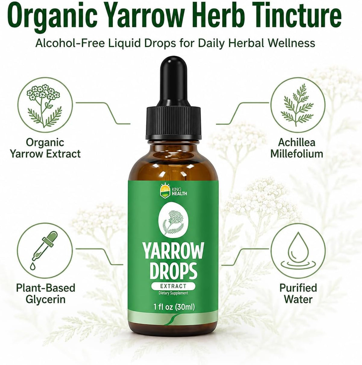 KingHealth Organic Yarrow Herb Tincture – Alcohol-Free Achillea Millefolium Extract for Women – 30 ml - görsel 3