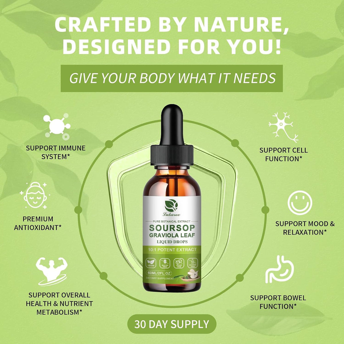 Lukaree Pure Soursop Graviola Leaf Extract for Immunity, Gut Health & Natural Energy Support – Soursop Bitters Liquid with Cold Extract – Vegan | Gluten-free | 60 ml - görsel 5