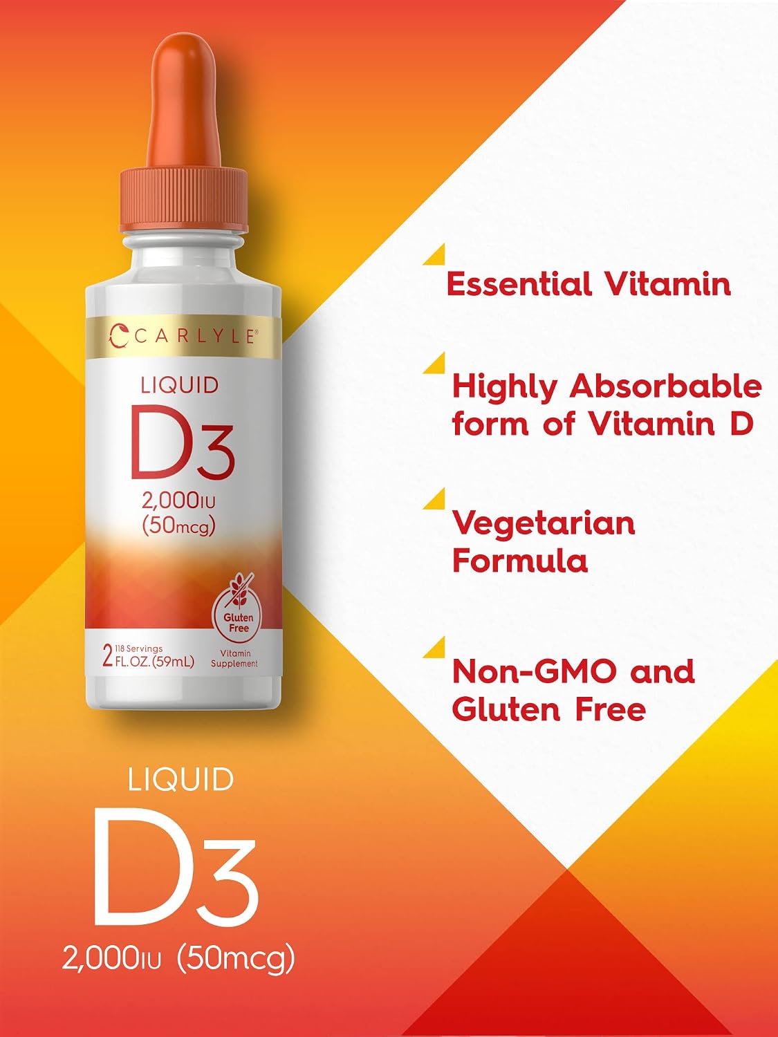 Carlyle Vitamin D3 Liquid Drops | 2000 IU (50 µg) | 60 ml | Vitamin D Supplement for Adults | Vegetarian, Non-GMO, Gluten-Free Formula - görsel 3