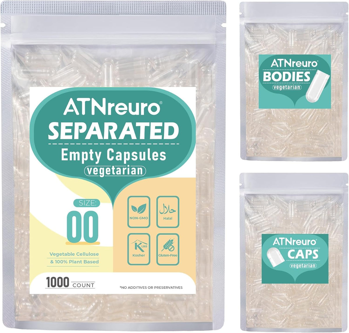 Vegan Separated Empty Capsules Size 00 (1000 Capsules), HPMC Pill Capsules for DIY Supplement Filling - görsel 1