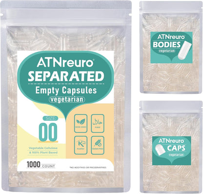 Vegan Separated Empty Capsules Size 00 (1000 Capsules), HPMC Pill Capsules for DIY Supplement Filling