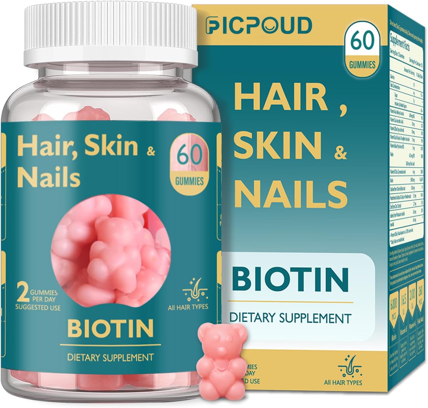 Ficpoud Hair, Skin and Nails Gummies - Vegan Biotin Vitamins for Women and Men, Supports Normal Hair Growth, Stronger Nails & Healthy Skin, 30-Day Supply - görsel 1