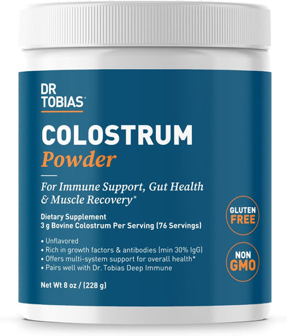 Dr. Tobias Colostrum Powder - Premium Bovine Colostrum Food Supplement for Immune Support, Gut Health & Muscle Recovery | 3g Per Serving Minimum 30% IgG Unflavoured (227 g, 76 Servings)