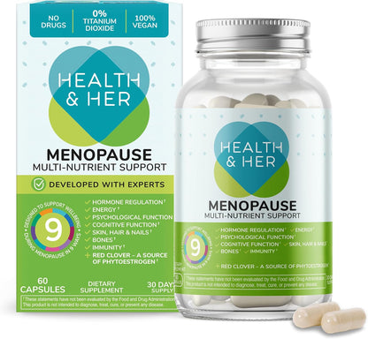 Health & Her Menopause Multi-Nutrient Support for Women – Vegan, Gluten-Free, Non-GM, 60 Capsules (1 Month Supply)