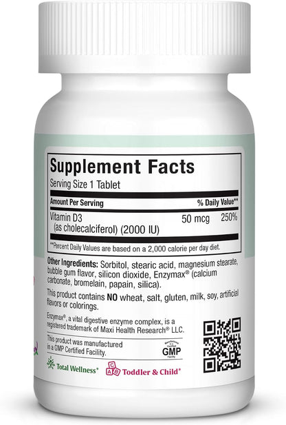 Maxi Health Chewable Vitamin D3 2000 IU Supplement - Delicious Natural Bubble Gum Flavour - Supports Normal Calcium Absorption, Immune Function and Bone Health