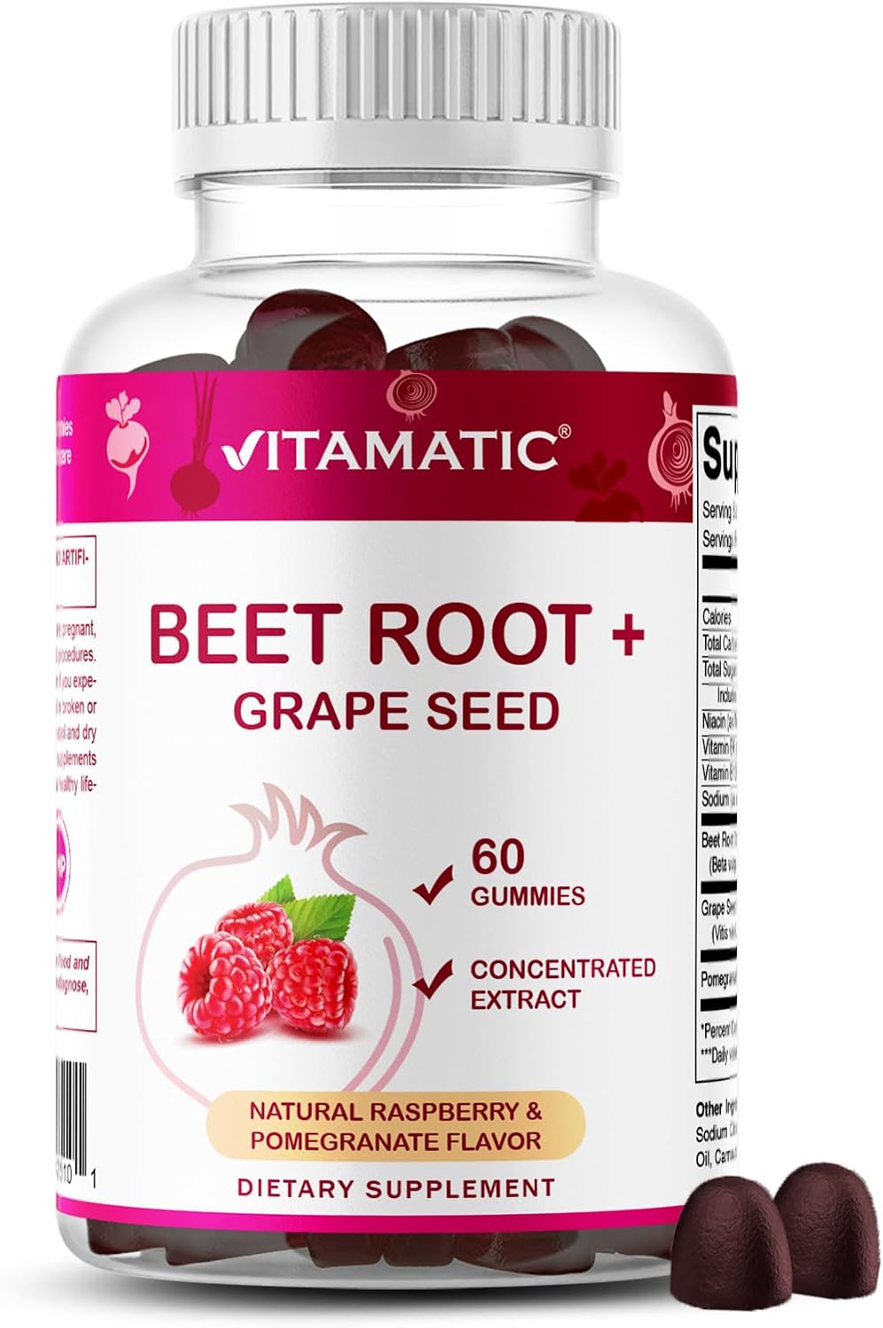 Vitamatic Beetroot Gummies with B6, B12, Grape Seed, Pomegranate & Nicotinamide - Vegan, Non-GMO, 60 Gummies - görsel 1