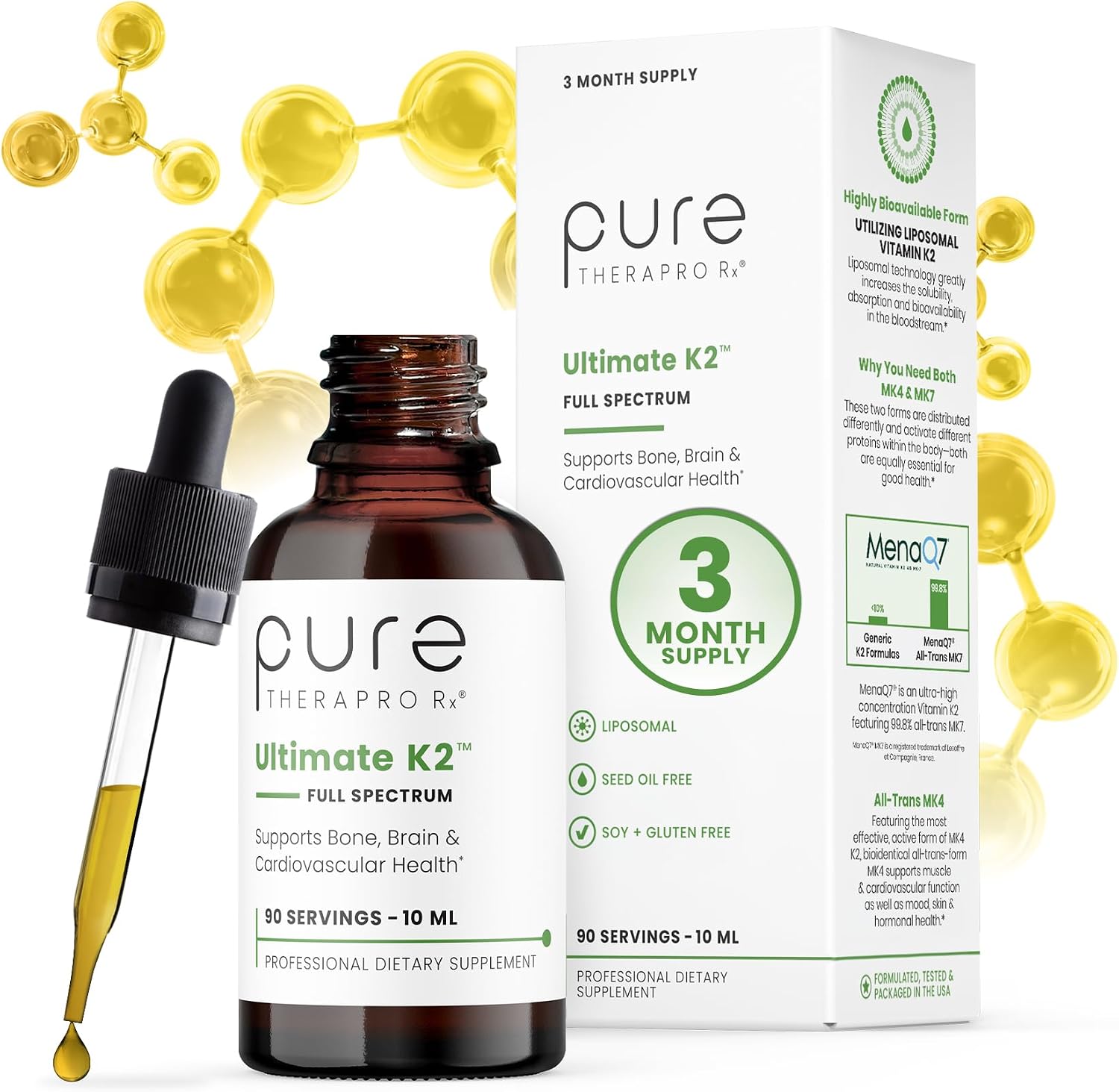 Pure Therapro Rx Ultimate K2 Supplement - Liquid Liposomal Vitamin K2 Drops - 600mcg MK4 & MenaQ7 MK7 - 10 mL (90 Servings) - görsel 1