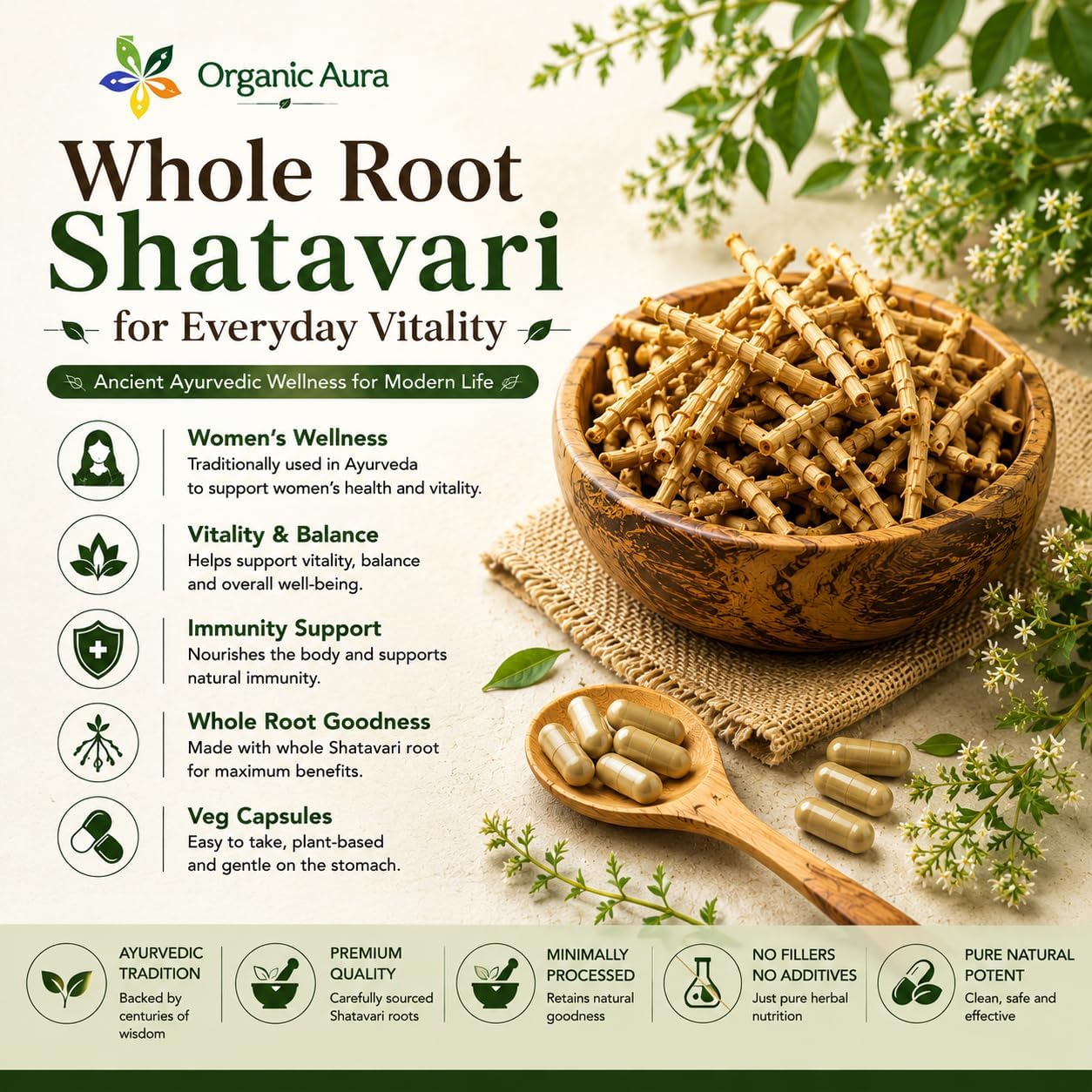 Shatavari Root Powder Capsules. Original and Whole Root Herbal Supplement. Daily Women's Wellness & Vitality Support. Pure, Safe & Minimally Processed. Veg Capsules - No Fillers or Additives. - görsel 3