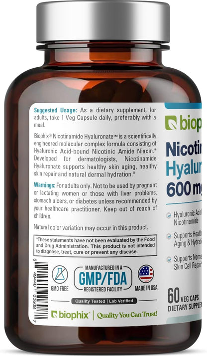 Nicotinamide Hyaluronate 600 mg | Flush-Free Niacin with Hyaluronic Acid - 60 Capsules
