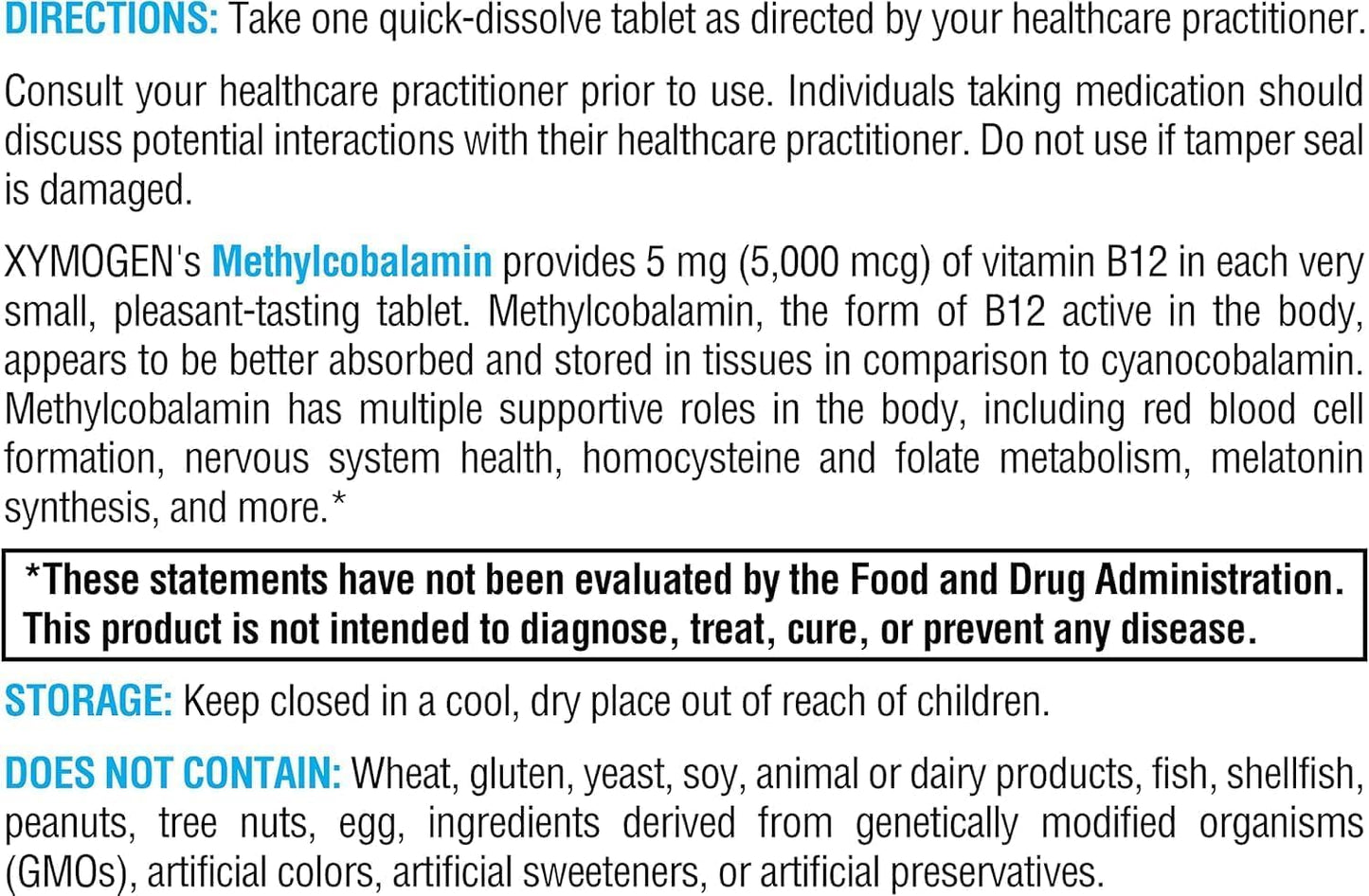 XYMOGEN Methylcobalamin - 5 mg Vitamin B12 - Supports Healthy Methylation, Neurological Health & Red Blood Cell Formation - Non-GMO & Gluten-free - 60 Quick-Dissolve Tablets - görsel 2