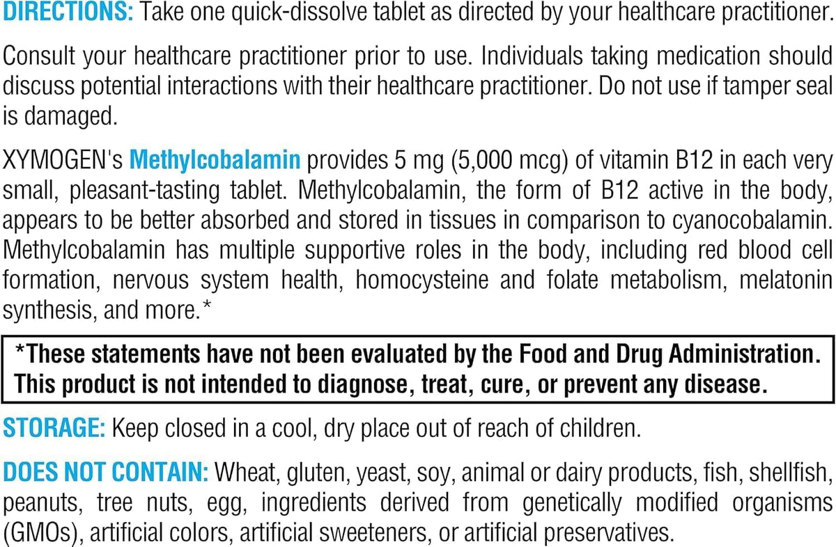 XYMOGEN Methylcobalamin - 5 mg Vitamin B12 - Supports Healthy Methylation, Neurological Health & Red Blood Cell Formation - Non-GMO & Gluten-free - 60 Quick-Dissolve Tablets - görsel 2