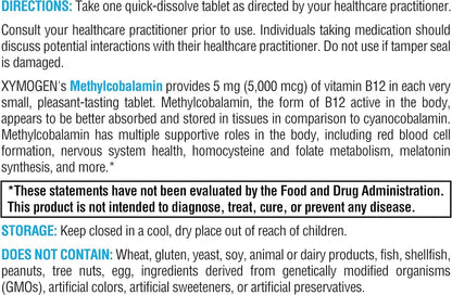 XYMOGEN Methylcobalamin - 5 mg Vitamin B12 - Supports Healthy Methylation, Neurological Health & Red Blood Cell Formation - Non-GMO & Gluten-free - 60 Quick-Dissolve Tablets