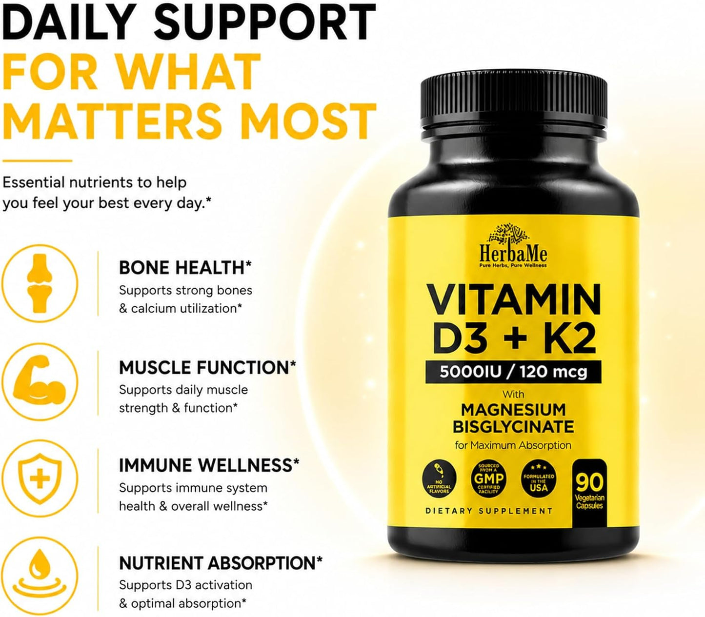 HerbaMe Vitamin D3 5000 IU + K2 with Magnesium Bisglycinate - Bone, Muscle & Immune Support - 90 Capsules - görsel 4