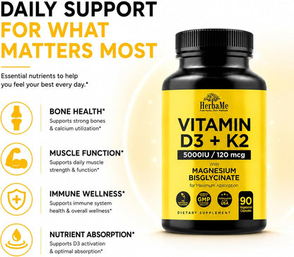 HerbaMe Vitamin D3 5000 IU + K2 with Magnesium Bisglycinate - Bone, Muscle & Immune Support - 90 Capsules