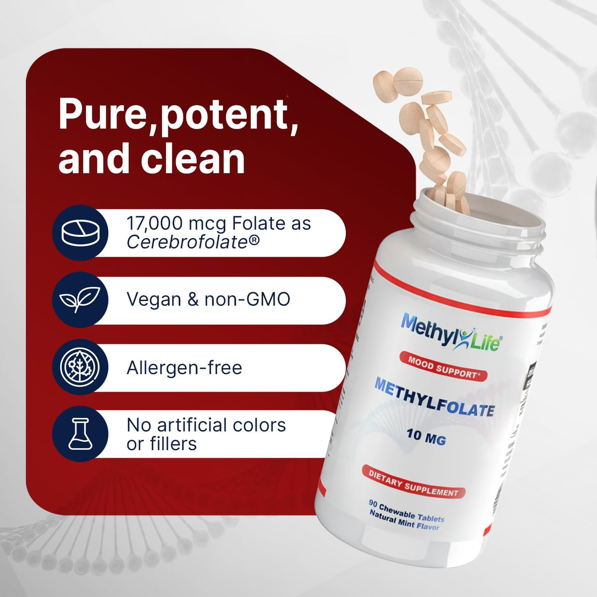 Methyl-Life® L-Methylfolate 10 mg - Chewable Active Folate Tablets with Cerebrofolate® (L-5-MTHF, Calcium) | Vegan, Non-GMO, Gluten-Free | 90 Chewable Tablets - görsel 7