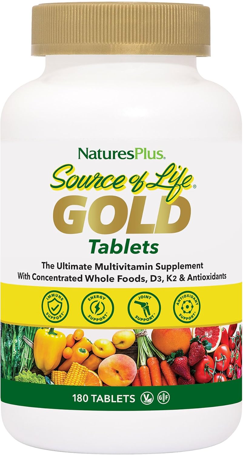 NaturesPlus Source of Life GOLD Multivitamin - 180 Tablets - With Vitamins D3, B12 & K2 - Blood, Bone & Immune Support - Vegetarian & Gluten Free - 60 Servings - görsel 1