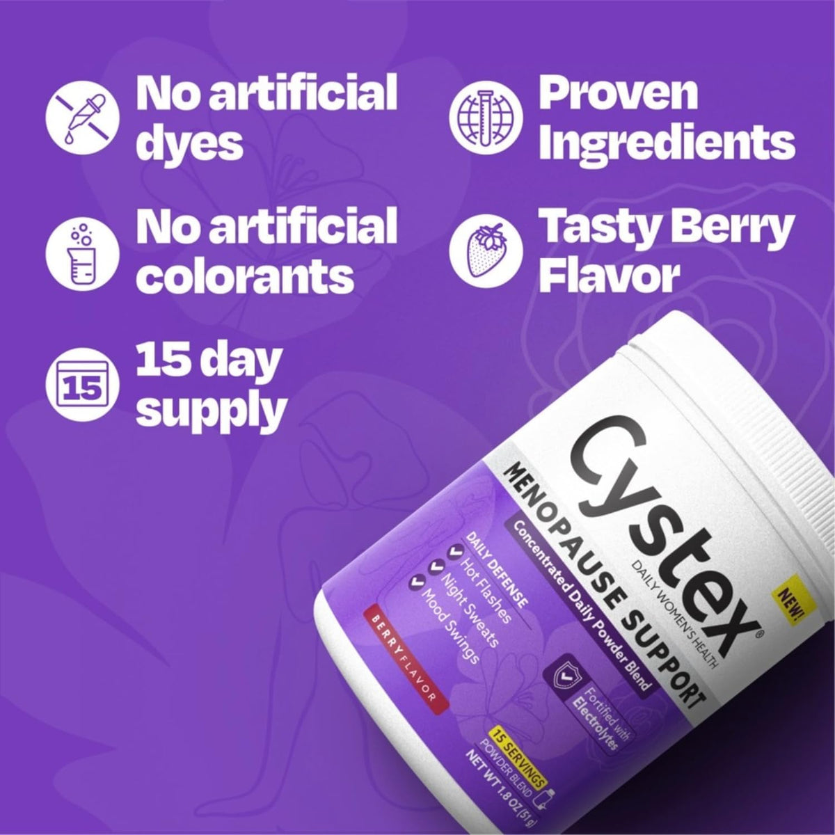 Cystex Menopause Support Powder - Daily Support for Hot Flushes, Night Sweats, & Mood Balance - Electrolyte-Enhanced Drink Mix with Clinically-Studied Ingredients, Berry Flavour - 15 Servings - görsel 6
