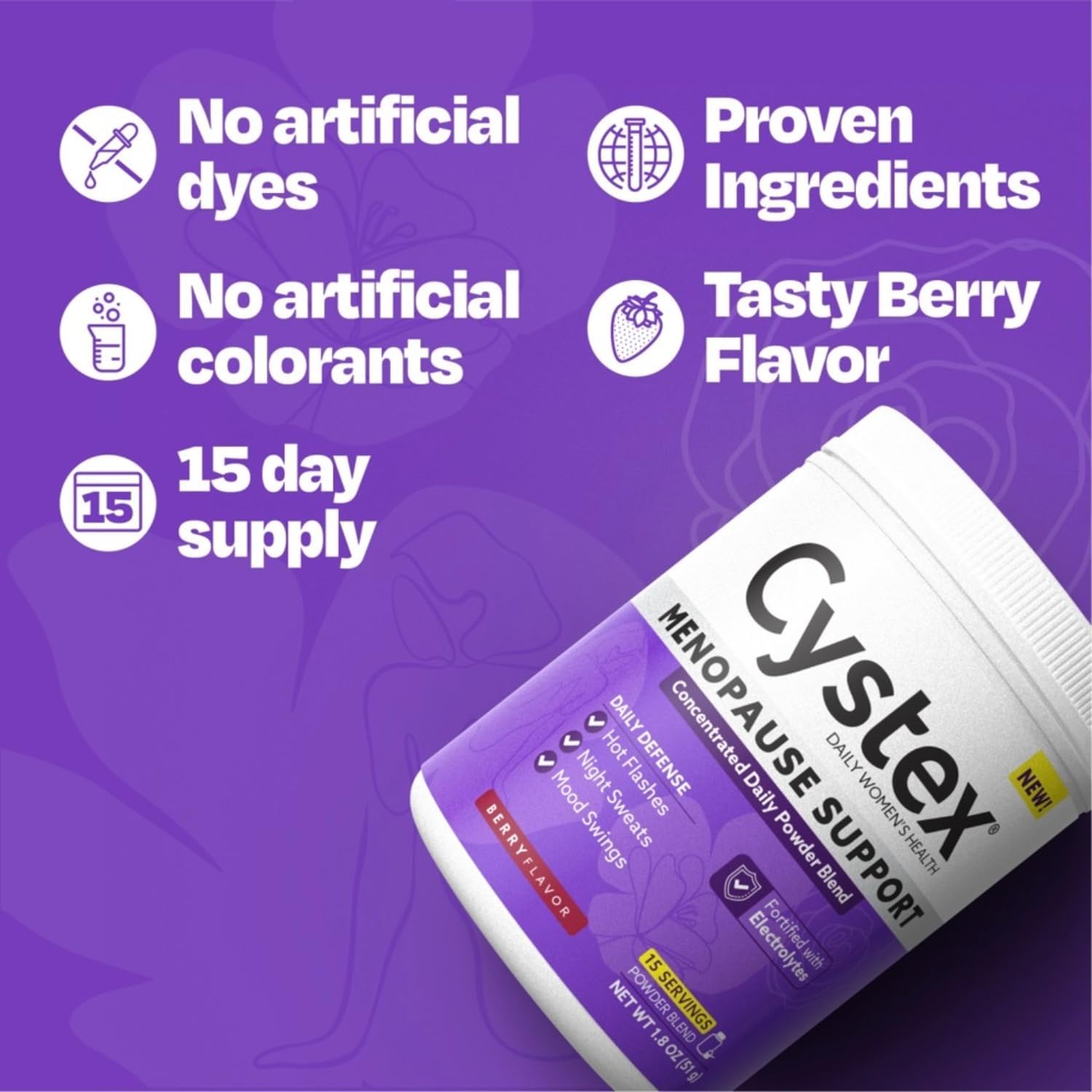 Cystex Menopause Support Powder - Daily Support for Hot Flushes, Night Sweats, & Mood Balance - Electrolyte-Enhanced Drink Mix with Clinically-Studied Ingredients, Berry Flavour - 15 Servings - görsel 6