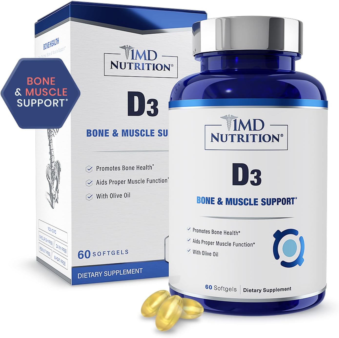 1MD Nutrition Vitamin D3 5000 IU Softgels - Bone Health, Muscle Function, and Immune Support | Non-GMO with Olive Oil | 2-Month Supply - görsel 1