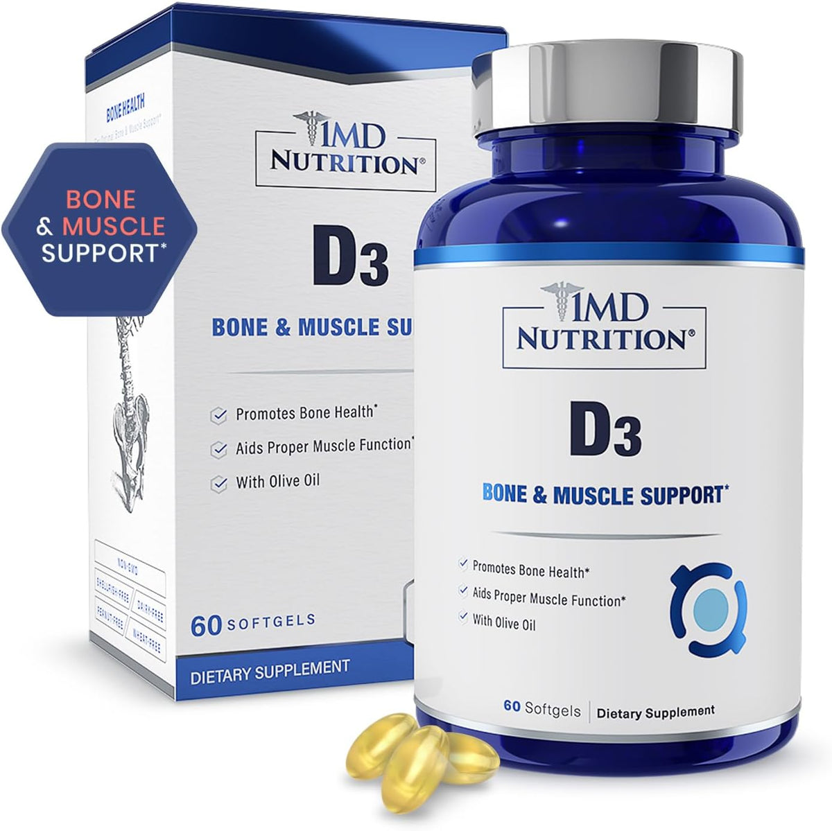 1MD Nutrition Vitamin D3 5000 IU Softgels - Bone Health, Muscle Function, and Immune Support | Non-GMO with Olive Oil | 2-Month Supply - görsel 1