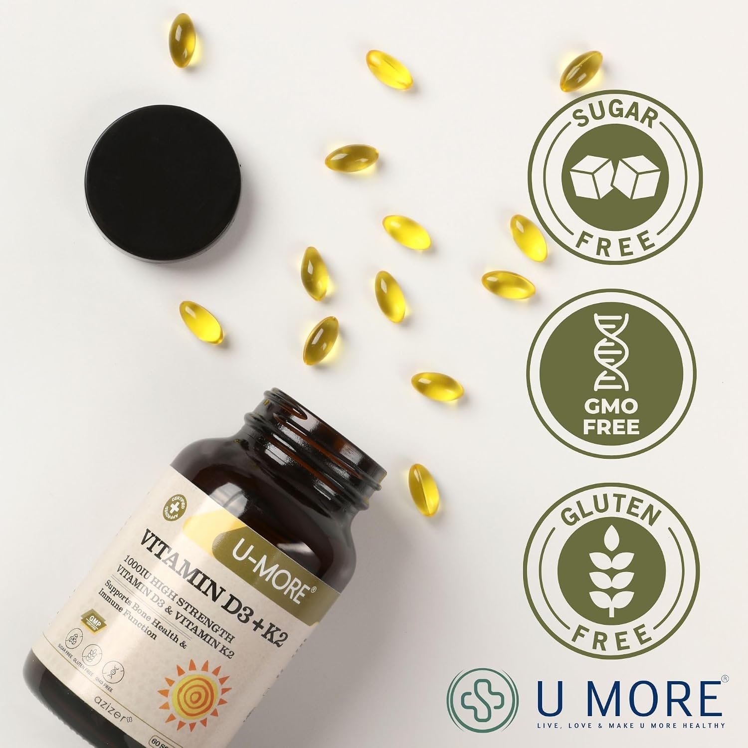 U-MORE - 1000 IU High Strength Vitamin D3 & Vitamin K2 (Menaquinone-7) - Sugar Free - Supports Bone Strength & Immune Function - 60 Soft gel capsules - görsel 3