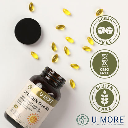 U-MORE - 1000 IU High Strength Vitamin D3 & Vitamin K2 (Menaquinone-7) - Sugar Free - Supports Bone Strength & Immune Function - 60 Soft gel capsules