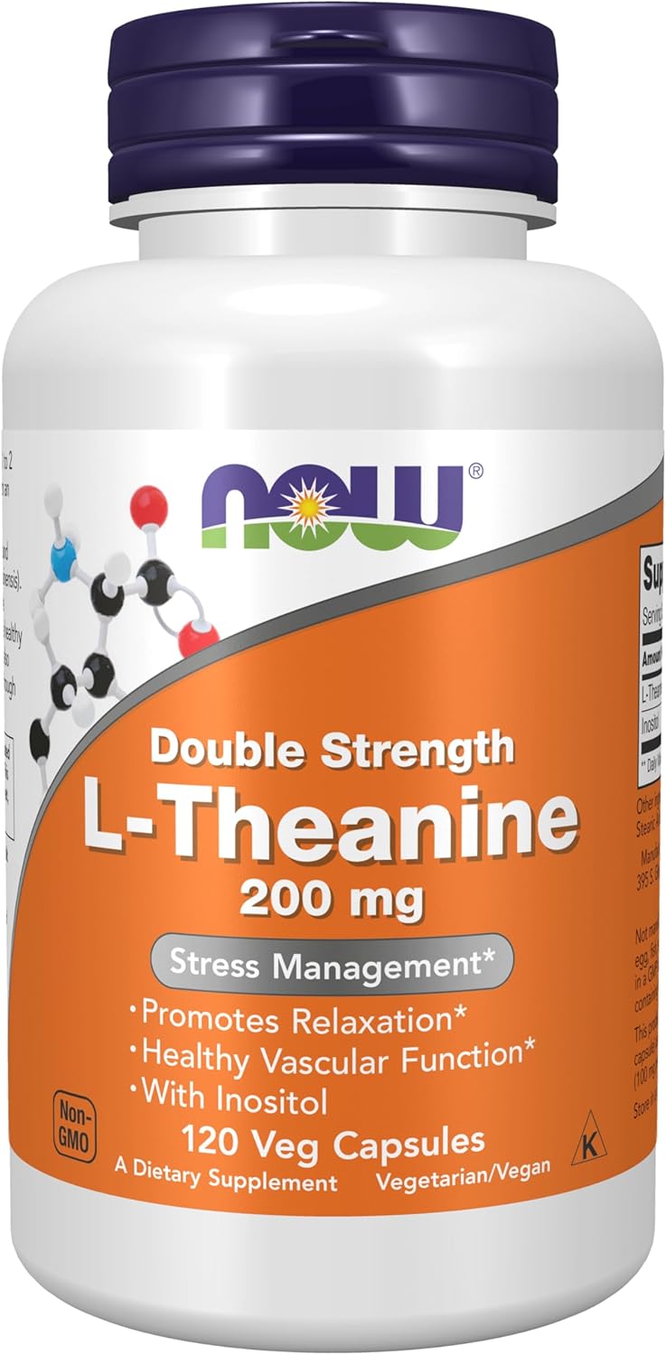 NOW Foods L-Theanine 200mg with Inositol, Stress Support Supplement, 120 Vegan Capsules - görsel 1