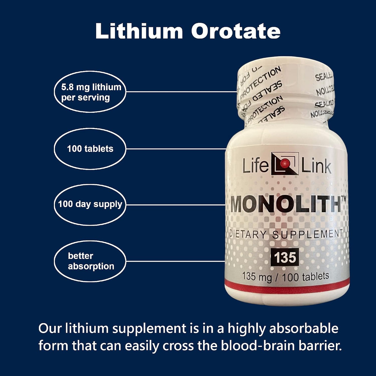 LifeLink Monolith - Lithium Orotate 135 mg, 100 Tablets - görsel 6