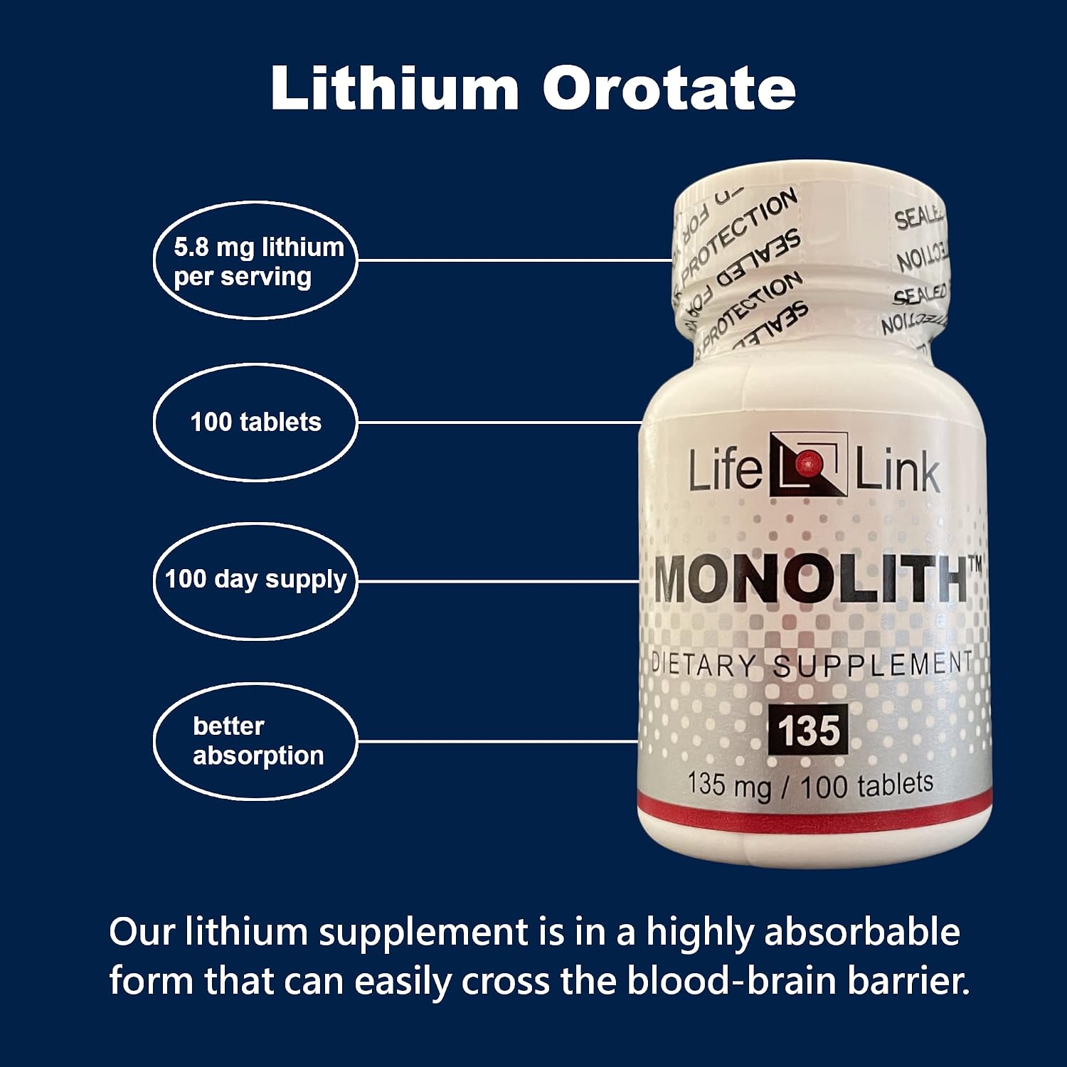 LifeLink Monolith - Lithium Orotate 135 mg, 100 Tablets - görsel 6