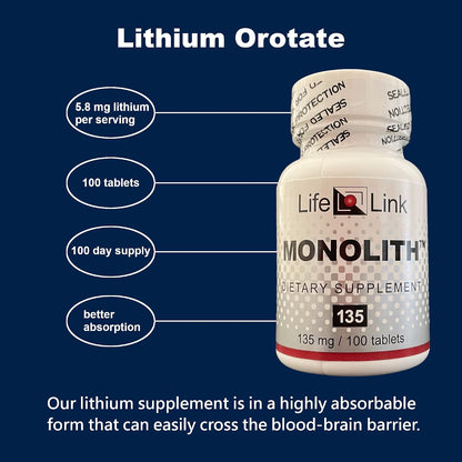 LifeLink Monolith - Lithium Orotate 135 mg, 100 Tablets