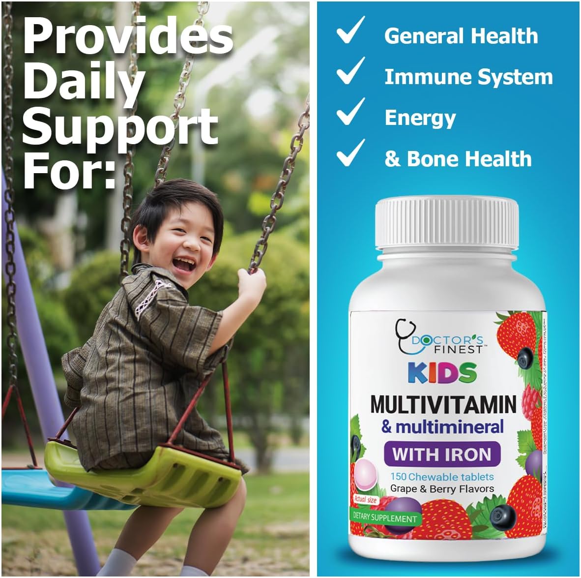 Doctor's Finest Kids Multivitamin & Multimineral with Iron, Grape & Berry, 150 Chewable Tablets - görsel 2