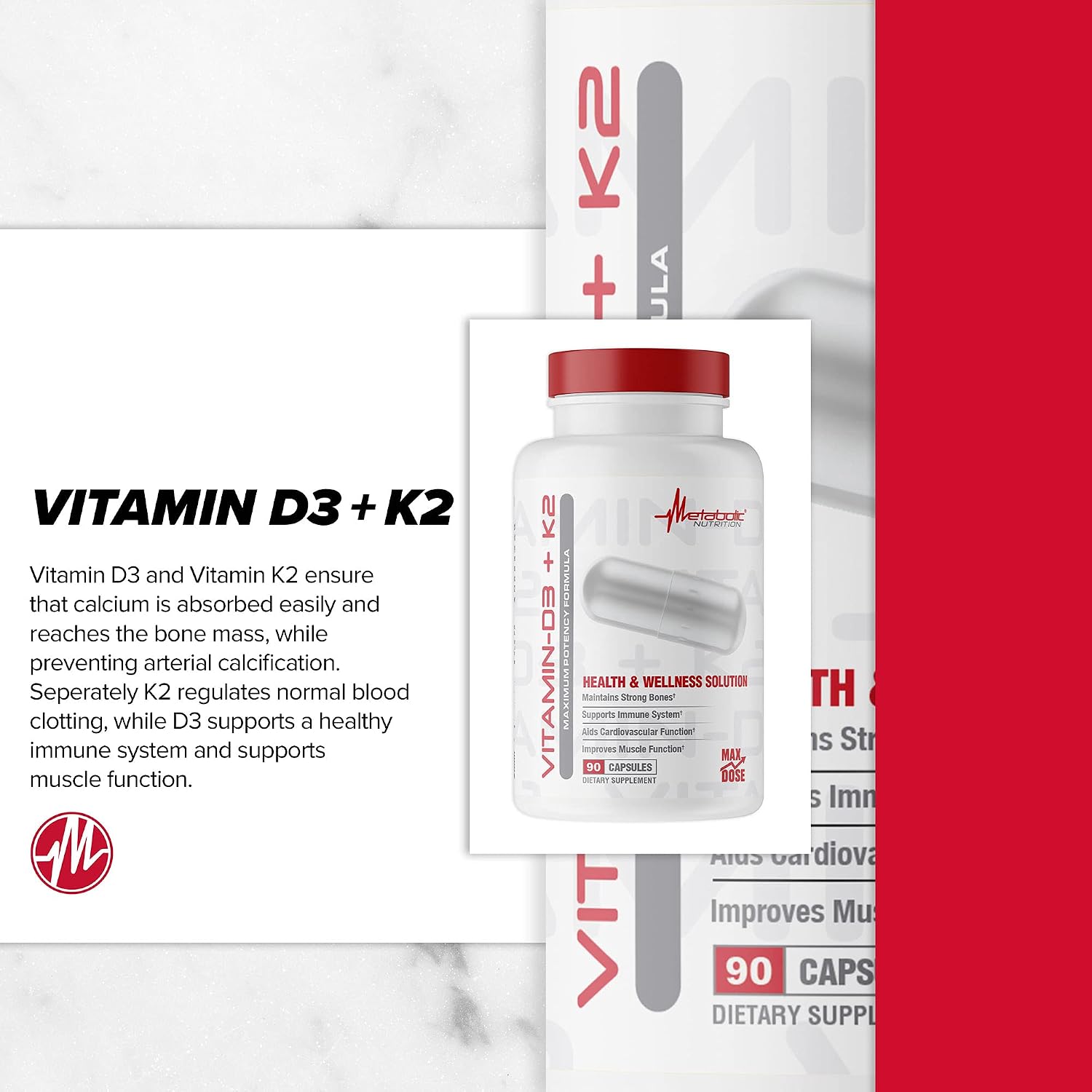 Metabolic Nutrition Vitamin D3 + K2, Bone and Heart Health Formula, Immune Support, 90 Veggie Caps 7000 IU per Capsule Max Dose - görsel 4