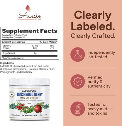 Aussie Pure Blushwood Berry Daily Cell Defence - Soursop, Kakadu Plum, Pomegranate, Blueberry - Immune and Cell Support Powder - 180g