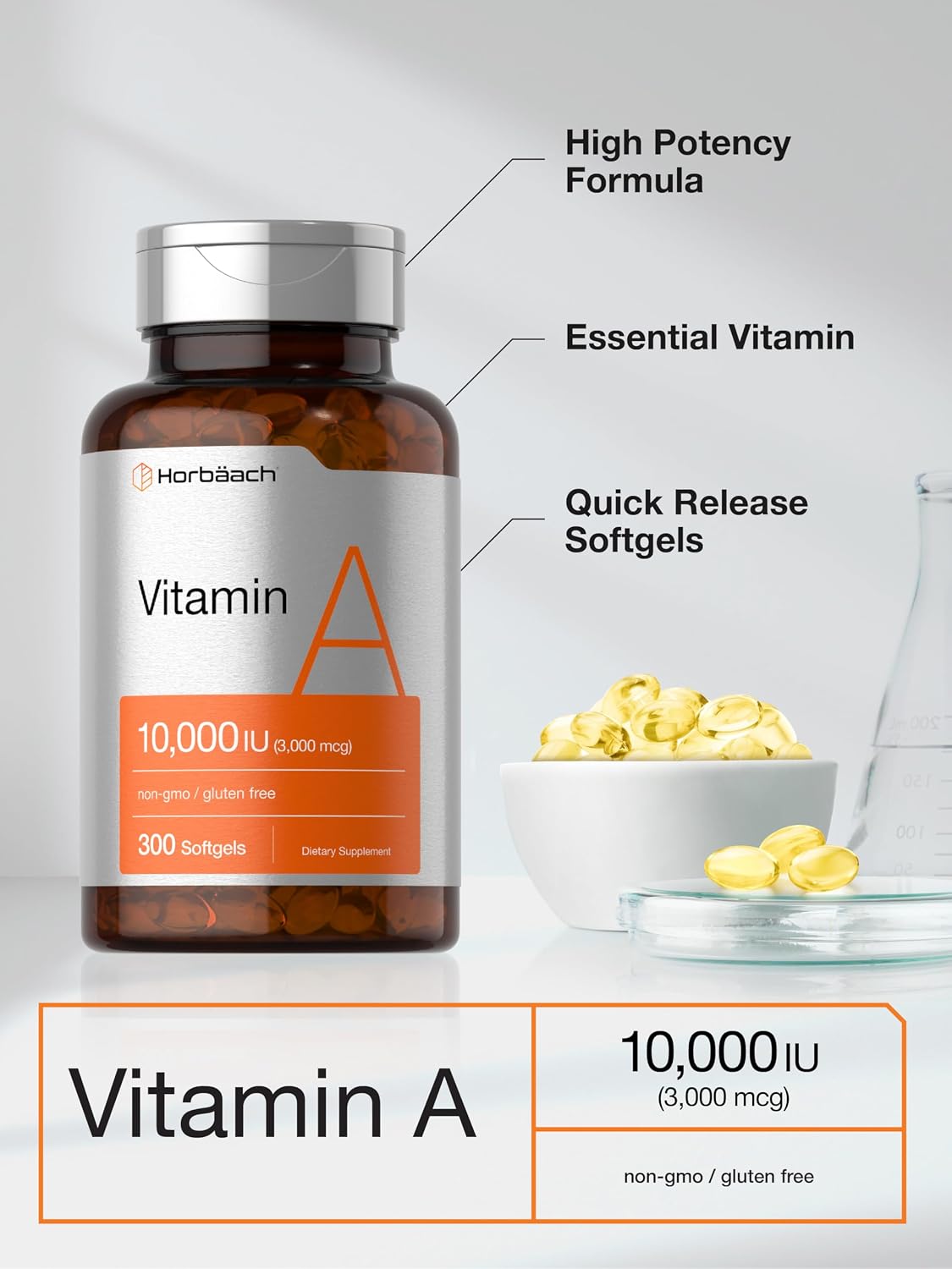 Horbäach Vitamin A 10,000 IU Softgels - 300 Count - Non-GM, Gluten-free Supplement - görsel 4