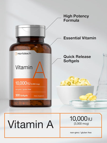 Horbäach Vitamin A 10,000 IU Softgels - 300 Count - Non-GM, Gluten-free Supplement