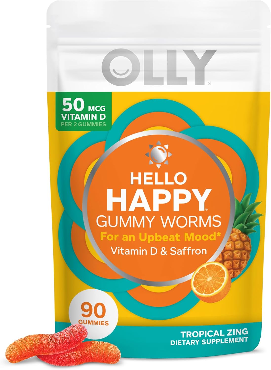 OLLY Hello Happy Gummy Worms – Mood Support with Vitamin D & Saffron, Tropical Zing, 90 Count - görsel 1