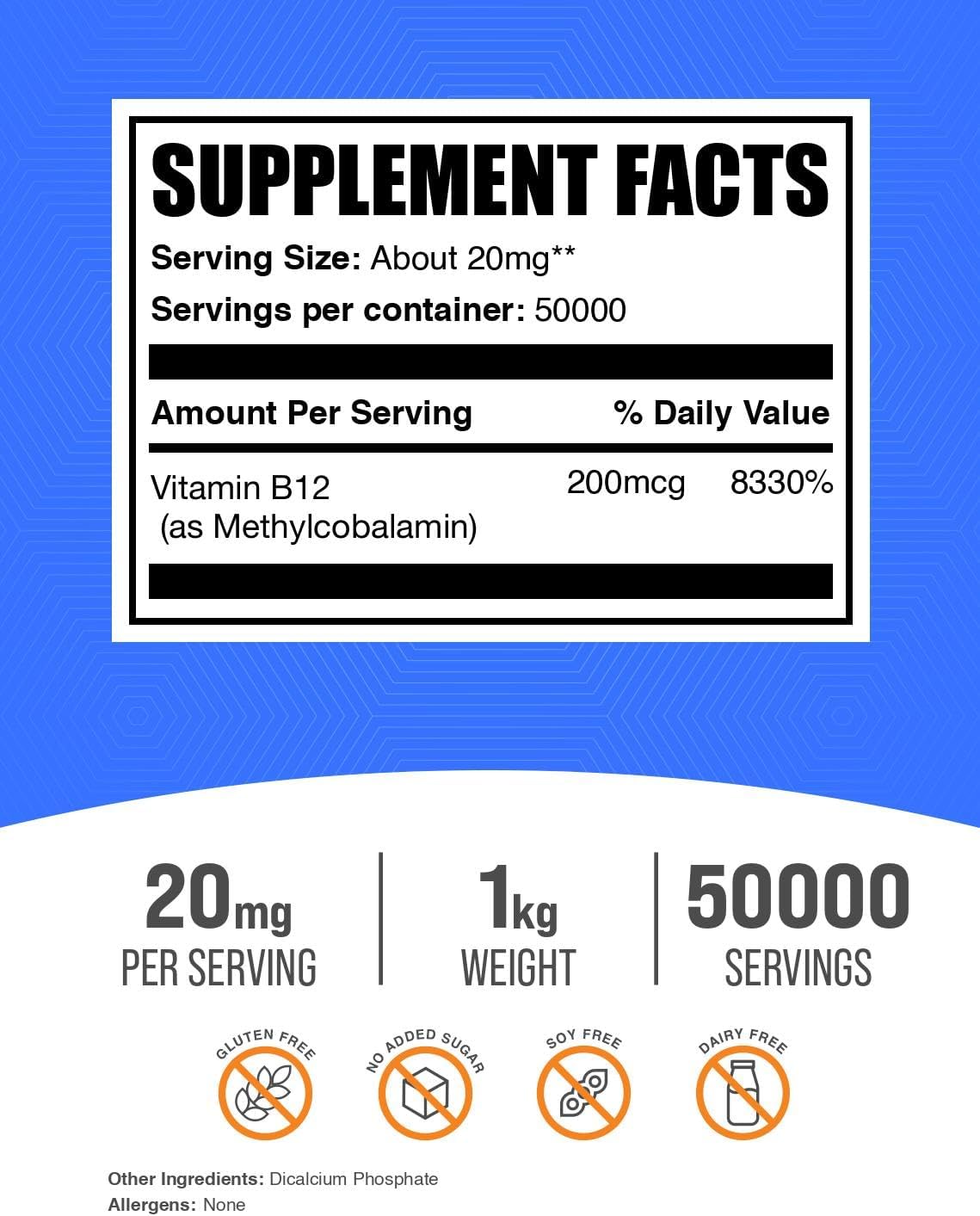 Vitamin B12 Methylcobalamin Powder - 200mcg per serving (1kg) - görsel 2