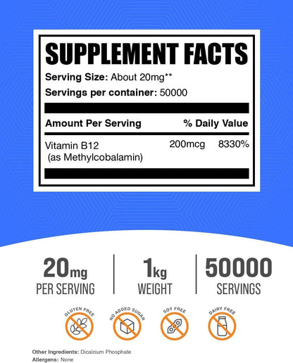 Vitamin B12 Methylcobalamin Powder - 200mcg per serving (1kg)