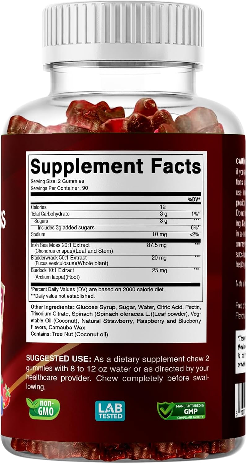 Irish Sea Moss & Bladderwrack Gummies with Burdock Root – Botanical Extract Supplement – Vegan, Non-GMO, Plant-Based Gummies – 180 Count - görsel 8