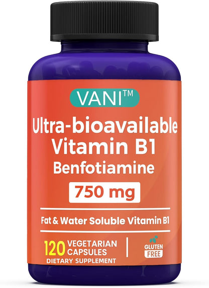 VANI 750 mg Benfotiamine with B1, 5 Times Fat- and Water-Soluble Thiamine B1 Supplement – Third-party tested, Gluten-free (120 Capsules)