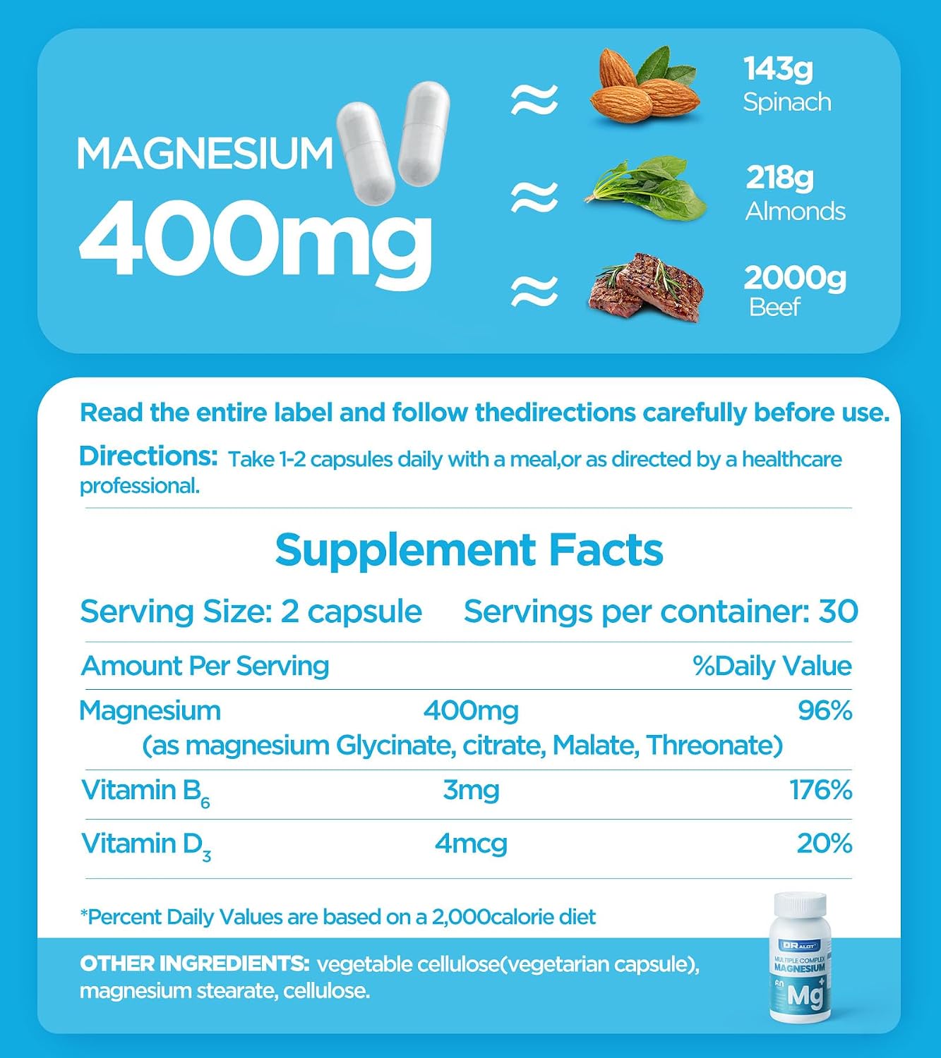 Quadruple Magnesium Complex – 400mg Elemental Magnesium (Glycinate, L-Threonate, Citrate & Malate) with Vitamin D3 & B6 – Supports Normal Muscle & Nerve Function – Non-GM, 60 Vegan Capsules - görsel 6
