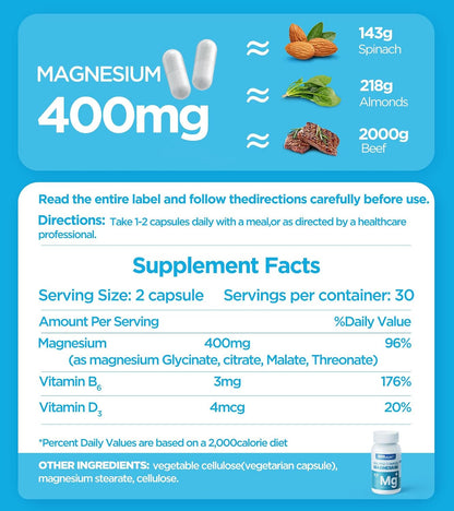 Quadruple Magnesium Complex – 400mg Elemental Magnesium (Glycinate, L-Threonate, Citrate & Malate) with Vitamin D3 & B6 – Supports Normal Muscle & Nerve Function – Non-GM, 60 Vegan Capsules