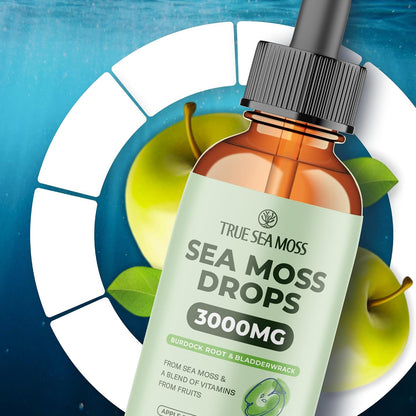 TrueSeaMoss Irish Sea Moss Liquid Drops – Black Cumin Seed Oil, Bladderwrack Extract, Burdock Root, Vitamin C & Zinc – Apple Flavour – 30 Servings
