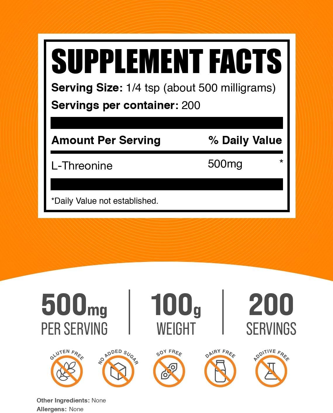 BulkSupplements.com L-Threonine Powder - Threonine Supplement, Amino Acid Supplement - Essential Amino Acid, Gluten-Free, 500mg per Serving, 100g (3.5 oz) (Pack of 1) - görsel 2