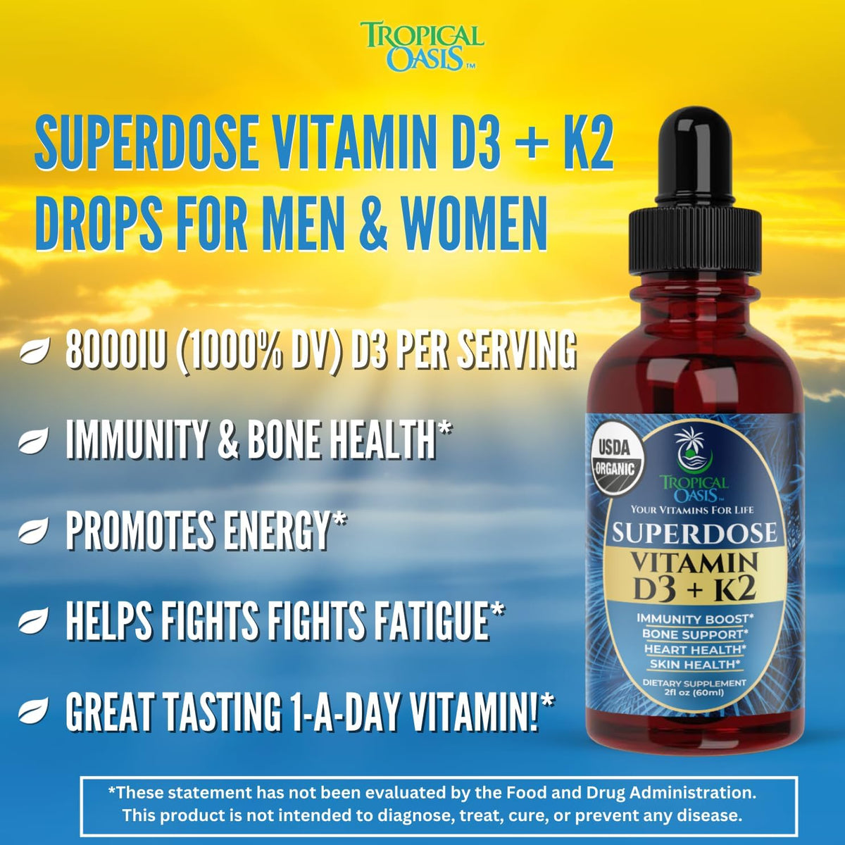 USDA Organic Liquid Vitamin D3 & K2 Drops – Superdose 8,000 IU with 120 mcg K2 – Vegan, Non-GMO – 60 ml - görsel 3