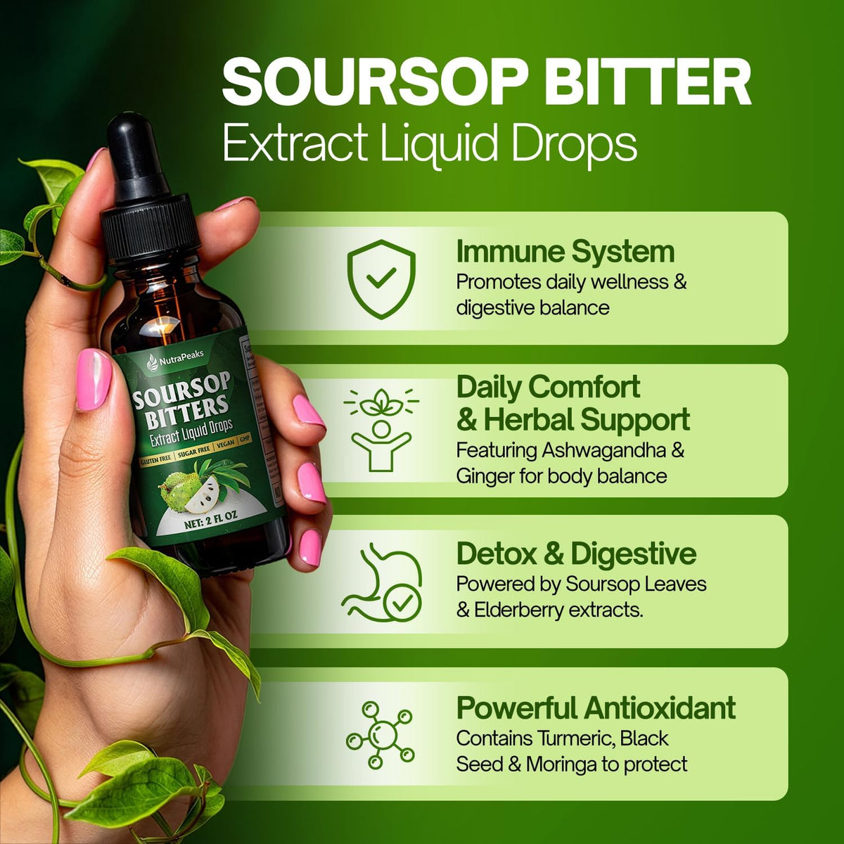 Soursop Bitters Liquid Drops – Ashwagandha, Black Seed, Burdock, Dandelion, Elderberry & Ginger, 59 ml | NutraPeaks - görsel 3