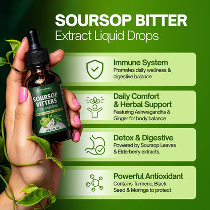 Soursop Bitters Liquid Drops – Ashwagandha, Black Seed, Burdock, Dandelion, Elderberry & Ginger, 59 ml | NutraPeaks